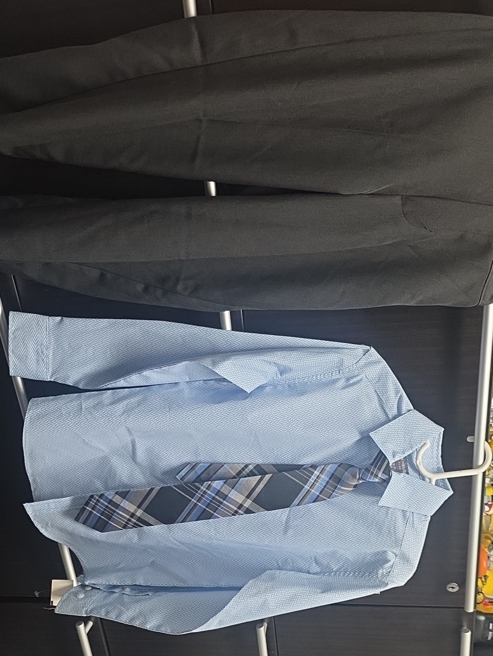 Van Heusen Light Blue Dress Shirt with Navy and Gray Plaid Tie